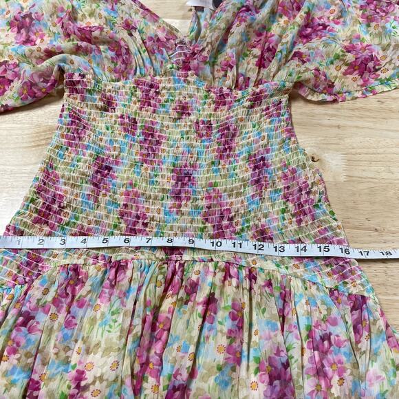 ByTiMo NWT Floral Smocked Chiffon Mini Dress Summer Flowers Size M Deep V-Neck - Picture 8 of 13